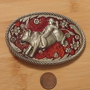 Vintage 1986 Silver Glass Bull Rider Belt Buckle